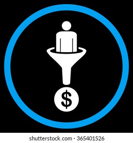 Client Filter vector icon. Style is bicolor flat circled symbol, blue and white colors, rounded angles, black background.