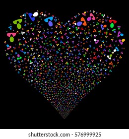 Client fireworks with heart shape. Vector illustration style is flat bright multicolored iconic symbols on a black background. Object salute combined from confetti design elements.