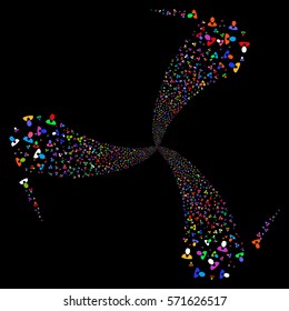 Client fireworks swirl rotation. Vector illustration style is flat bright multicolored iconic symbols on a black background. Object whirl organized from random icons.