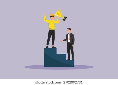 Primeiro conceito de cliente subindo no pódio. Primeiro Conceito do Cliente. Ilustração vetorial plana colorida isolada