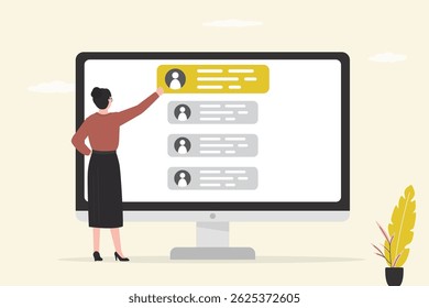 O cliente dá feedback, conceito de classificação. Personagem feminino escreva comentários de produto na página da empresa em um monitor grande. Mulher do cliente enviar comentário no fórum, bate-papo ou site.