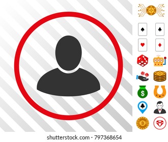 Client gray icon inside red circle with bonus casino symbols. Vector illustration style is flat iconic symbols. Designed for gambling apps.