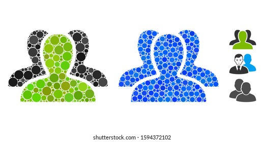 Client group mosaic of filled circles in various sizes and color tones, based on client group icon. Vector filled circles are united into blue collage.