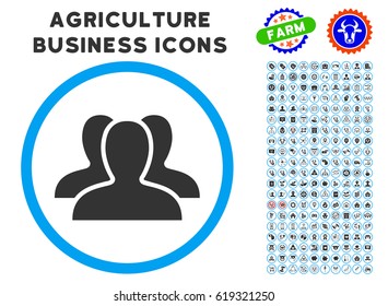 Client Group rounded icon with agriculture commercial icon package. Vector illustration style is a flat iconic symbol inside a circle, blue and gray colors. Designed for web and software interfaces.