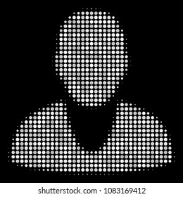Client halftone vector icon. Illustration style is dot iconic client symbol on a black background. Halftone matrix is created from round items.