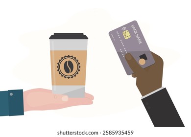 Client hand paying credit card for takeaway hot drink in while visiting coffee shop. Barista or waiter hand with coffee paper cup. Colored design isolated on white background. flat vector illustration