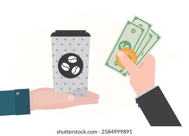 Client hand paying for takeaway hot drink in cash while visiting coffee shop. Barista or waiter hand with coffee paper cup. Colored design isolated on white background. flat vector illustration