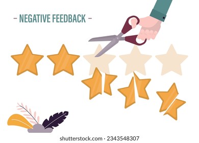 Client hand uses scissors and cut rating. Negative review, landing page template. Testimonials, customer negative feedback. Grading system, clients rank. Business low level, bad quality. flat vector