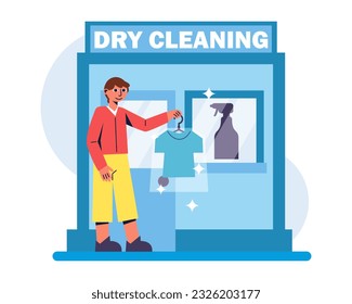 Un cliente sostiene una camiseta lavada, parado cerca de una tienda de limpieza en seco. Concepto de limpieza y ropa limpia. Es hora de limpiar ropa profesional. Ilustración vectorial en colores azules