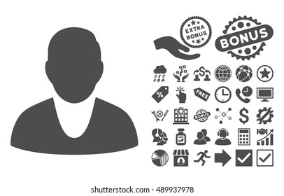 Client icon with bonus clip art. Vector illustration style is flat iconic symbols, gray color, white background.