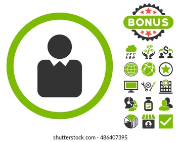 Client icon with bonus images. Vector illustration style is flat iconic bicolor symbols, eco green and gray colors, white background.