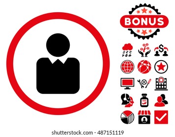Client icon with bonus pictogram. Vector illustration style is flat iconic bicolor symbols, intensive red and black colors, white background.