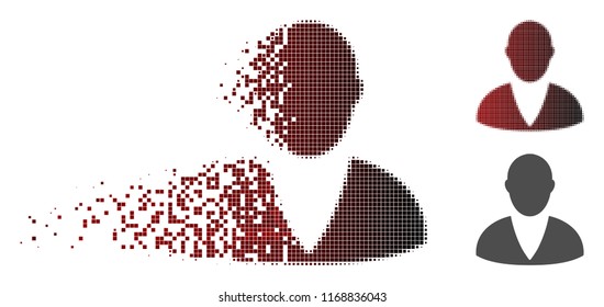 Client icon in dispersed, dotted halftone and undamaged solid versions. Points are arranged into vector dispersed client pictogram.