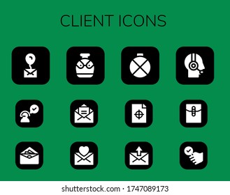 conjunto de iconos de cliente. 12 iconos de cliente rellenados. Correo incluido, servicio al cliente, sobres, cantín, prueba de impresión, iconos satisfechos