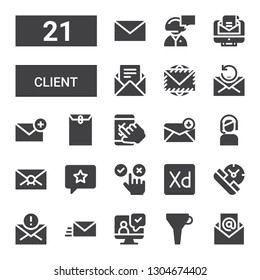 client icon set. Collection of 21 filled client icons included Email, Funnel, Testimonial, Mail, Service, Experience, Feedback, Customer service, Envelope, Secretary
