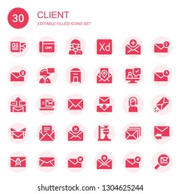 client icon set. Collection of 30 filled client icons included Mail, CRM, Customer, Experience, Email, Secretary, Testimonial, Customer service, Experiment, Envelope