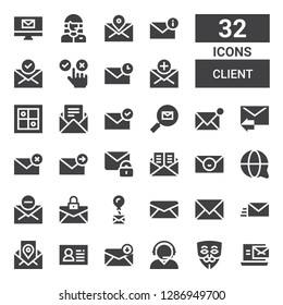 client icon set. Collection of 32 filled client icons included Mail, Anonymous, Customer service, Email, Customer, Evaluation, Feedback