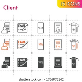 client icon set. included exam, tablet, study, smartphone icons on white background. linear, bicolor, filled styles.