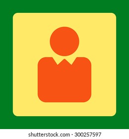 Client icon. This flat rounded square button uses orange and yellow colors and isolated on a green background.