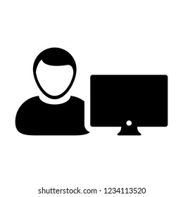 Client icon vector male person user with computer monitor screen avatar in flat color in Glyph Pictogram Symbol illustration