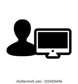 Client icon vector male person user with computer monitor screen avatar in flat color in Glyph Pictogram Symbol illustration