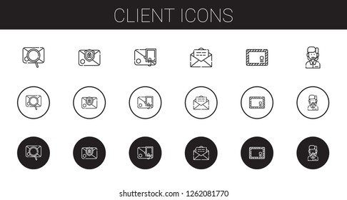 client icons set. Collection of client with email, envelope, customer service. Editable and scalable client icons.