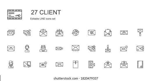 client icons set. Collection of client with email, mail, envelope, customer service. Editable and scalable client icons.