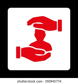 Client Insurance vector icon. Style is flat rounded square button, red and white colors, black background.
