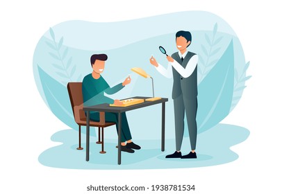 Client at jewelry store examining engagement ring for the spouse. Flat abstract metaphor outline cartoon vector illustration concept. Simple art isolated on white background. Minimal style.