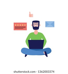 Client leaves feedback of the service on line and evaluation and mail icons. Customer service banner concept flat illustration isolated on the white background.
