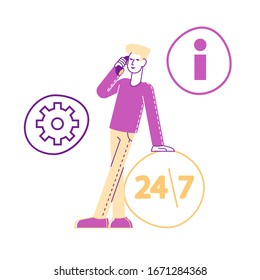 Llamada de personajes masculinos clientes al servicio de soporte técnico hablando con especialistas resolver problemas por teléfono móvil. Operador de centro de llamadas de línea directa y comunicación con el cliente. Ilustración de vectores lineales