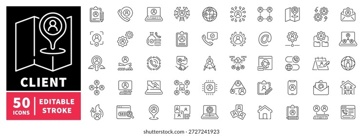 Client management editable line icons set. business and customer symbols