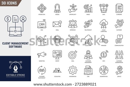 Client management software icon set. Client, management, software, system, platform, program and more. Editable stroke. Vector illustration