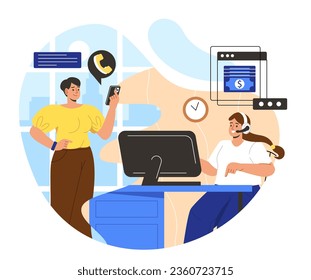 Client and manager call concept. Man with smartphone near woman in headphones. Answers to frequently asked questions. Consultation and advice, technical support. Cartoon flat vector illustration