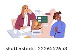 Client and manager during phone call communication. Bank agent specialist speaking on cellphone, consulting customer on finance, services. Flat vector illustration isolated on white background