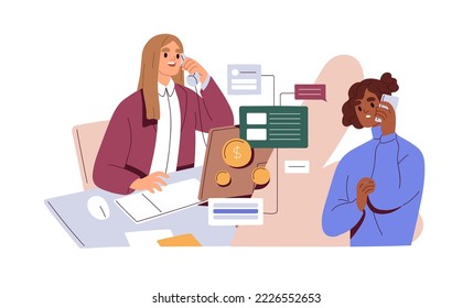 Client and manager during phone call communication. Bank agent specialist speaking on cellphone, consulting customer on finance, services. Flat vector illustration isolated on white background