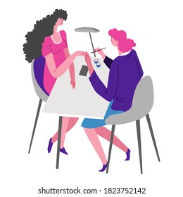 Client at manicurist having nails polished. Beauty salon and procedures for females. Master using files and brushes with polish. Beautician center to get manicure. Professional specialist vector