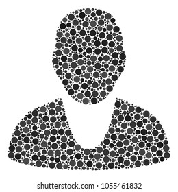 Client mosaic of circle dots in variable sizes and color hues. Circle dots are united into client vector collage. Vector design concept.