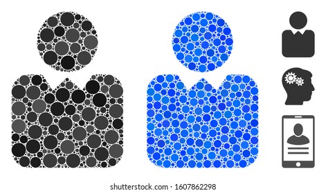 Client mosaic of small circles in different sizes and color tinges, based on client icon. Vector small circles are combined into blue mosaic. Dotted client icon in usual and blue versions.