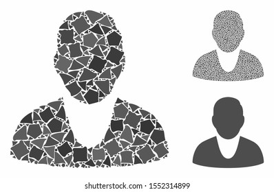 Client mosaic of unequal parts in different sizes and shades, based on client icon. Vector unequal elements are grouped into collage. Client icons collage with dotted pattern.
