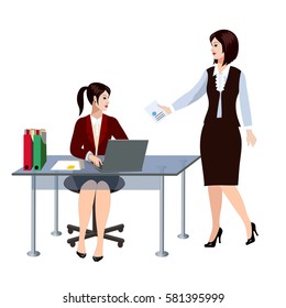 The client or office worker and the Institution or office employee working with papers. Successful cooperation. Managers work.