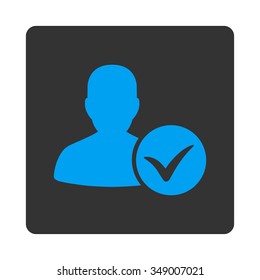 Client Ok vector icon. Style is flat rounded square button, blue and gray colors, white background.