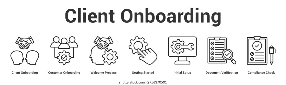 Client Onboarding web banner icon set vector illustration concept for business with icon of Client Onboarding, Customer Onboarding, Welcome Process, Getting Started, Initial Setup, Document Verificati.