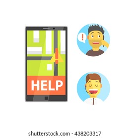 Client And Operator Of Evacuation Service With Smartphone App Flat Simplified Colorful Vector Illustration Isolated On White Background