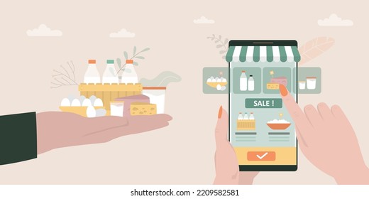 Client order dairy products in mobile app. Technology buying food in internet. Businessman or farmer hand gives assortment of milk, sour cream, yogurt and eggs. Delivery organic eat from dairy farm.