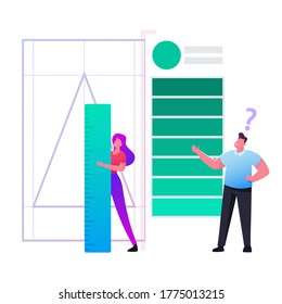Client Order Graphic Designer to Create Company Logotype. Creative Studio Working Process. Tiny Female Character Painting Triangle Geometric Shape for Logo Symbol. Cartoon People Vector Illustration