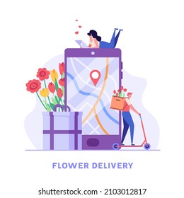Client ordering tulips online and courier delivering flowers order. Concept of flower delivery service, plant order online, flower store. Vector illustration flat design for web banner, mobile app