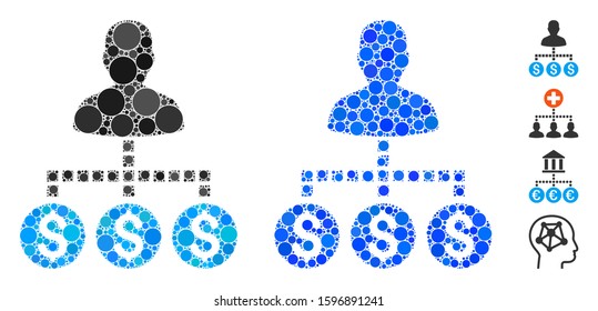 Client payments composition of round dots in variable sizes and color tints, based on client payments icon. Vector round dots are grouped into blue composition.