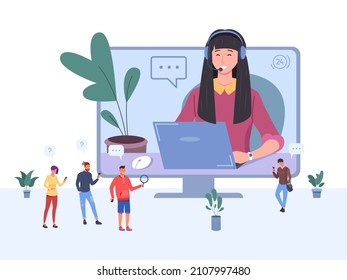 Client-Telefonagent. Professioneller globaler Online-Support, Hilfe-Berater mit Mikrofon und Laptop in Anzeige, Vektorgrafik. Online-Support-Mitarbeiter, Hotline-Assistent