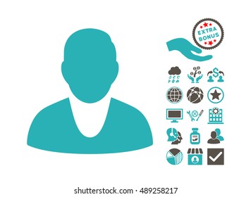 Client pictograph with bonus elements. Vector illustration style is flat iconic bicolor symbols, grey and cyan colors, white background.